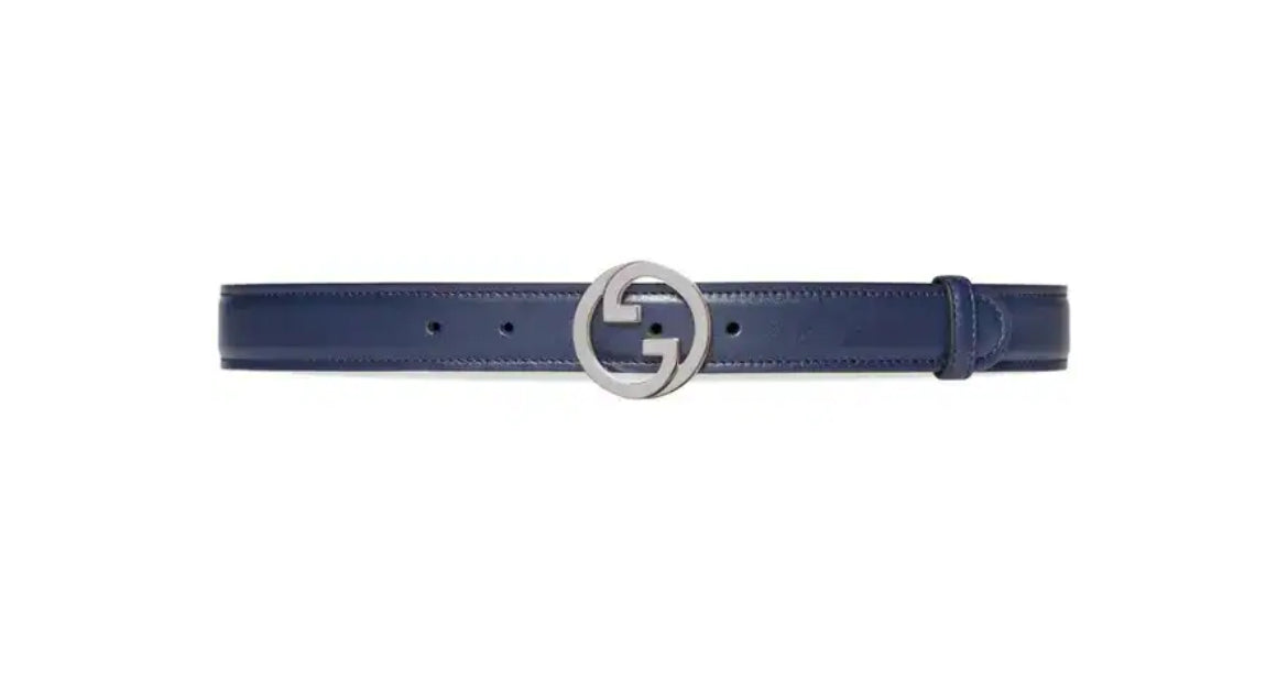 Gucci Blondie Leather Belt — Navy Blue, Interlocking G Buckle — Style 734771 (Size 115)