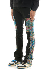 KNB3419 Black | KDNK Tapestry Stacked Skinny Flare Pants
